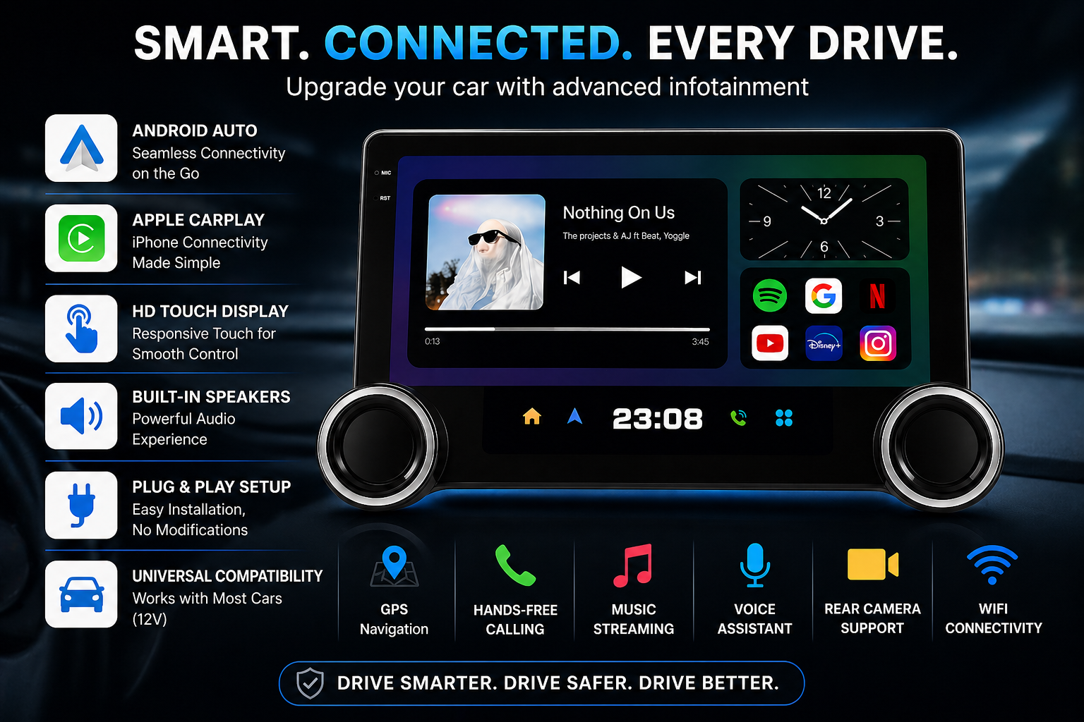 YONKERS 10.1 inch Android car player with Android Auto and Apple CarPlay support